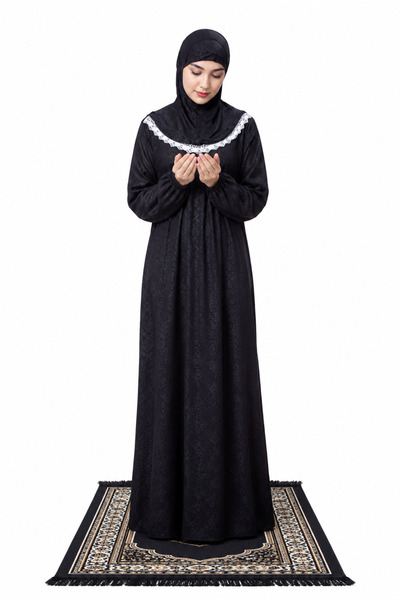 Linda Hijab Women's Black Islamic Prayer Dress with White Lace Trim – Full-Le...