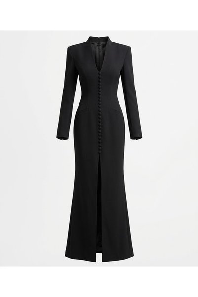 Julidress V Yaka Derin Yırtmaçlı Vatkalı Düğme Detaylı Premium Maxi Uzun Elbise