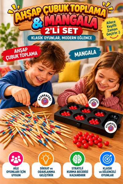 OYUNKAFASI 2’li Mangala ve Ahşap Çubuk Toplama Zeka Strateji Oyun Seti – Türk...