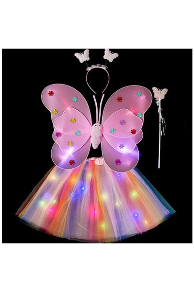 The Hub Costum Fluturas cu Aripi Modelabile Luminoase pentru Copii, Fusta din Tul cu Lumini, Bagheta si Bentita, 4 Piese, Roz