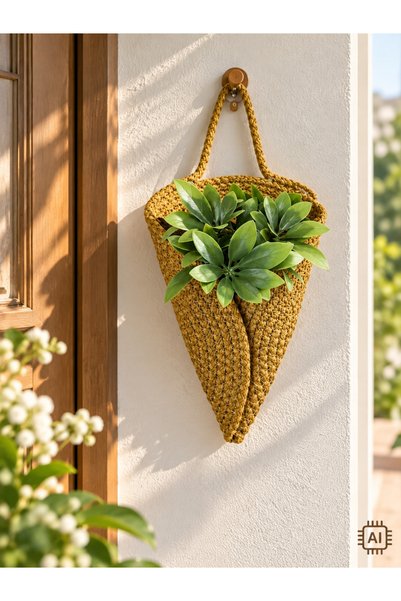 ÖRGÜM 27x15 cm Hasır Görünümlü Bitkili Örgü Duvar Sepeti, Yapay Çiçeklik Saks...