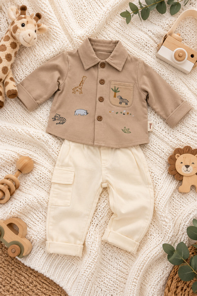 Minelia Kids Erkek Bebek %100 Pamuk Nakışlı Gömlek ve Keten Pantolon İkili Ta...