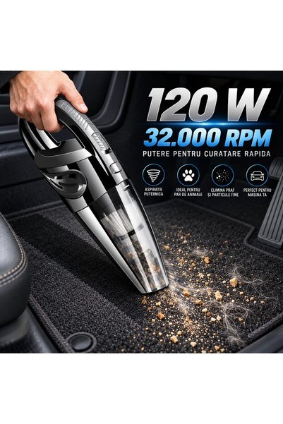 The Hub Aspirator de Mana Turbo pentru Casa si Auto, 120W, 32.000 RPM, Aspirare 4 Bar, 5 Accesorii, Negru