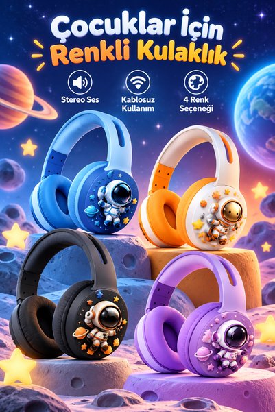 KALİTESENİNLE Çocuklar İçin Bluetooth Kablosuz Kulak Üstü Kulaklık Astronot D...