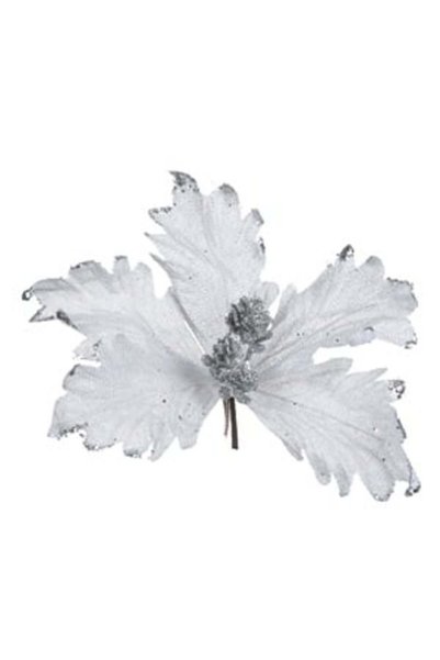 ANTBRO Floare Decorativă de Crăciun Albă cu Glitter și Strass Argintiu și Cli...