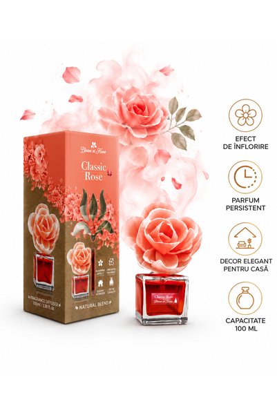 Elix Odorizant de camera Bloom at Home, difuzor de parfum cu floare decorativa, Trandafir Clasic (Classic Rose), 100 ml