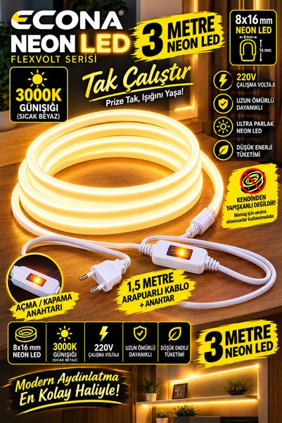 ECONA 3 Metre GÜNIŞIĞI NEON Tak Çalıştır ANAHTARLI Neon LED Aydınlatma 8x16 m...
