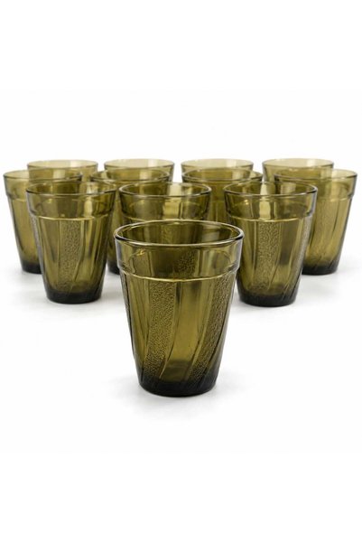 More Glass cup, set of 12, Vintage Olive pattern, 8.5 cm, Smoke transparent,