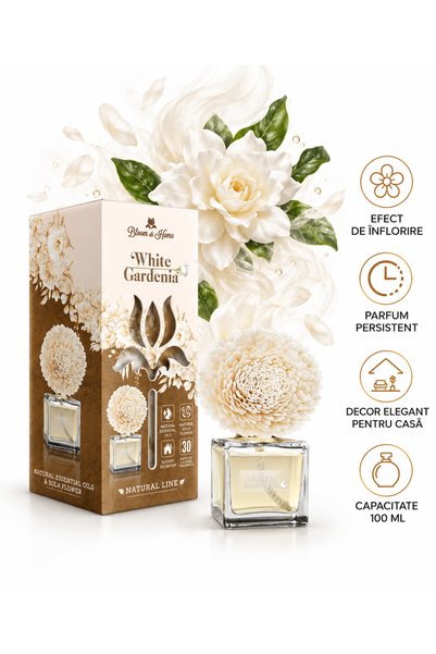 Elix Odorizant de cameră Bloom at Home, difuzor de parfum cu floare decorativă, aromă florală White Gardenia, 100 ml