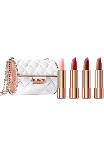 HOMPAR Glossy Engraved Lipstick Set with 4 Bold Shiny Shades and Elegant Leat...
