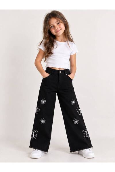 Genel Markalar Kız Çocuk Jeans Siyah Kelebek Nakışlı Düz Paça Esnek Likralı K...