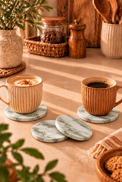 Zigzag Home Decorative Concrete Green Marble Pattern 4 Piece Coaster Set Bohe...