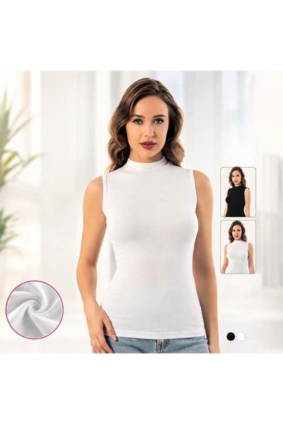 Kadın 2'li Paket Balıkçı Yaka Kolsuz Pamuklu Likralı Body Seti Siyah Beyaz Esnek Rahat Çıtçıtlı Badi Şık Düz Basic