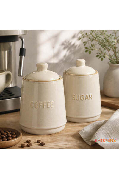 SHOPIENS Set 2 Borcane Ceramice Pentru Cafea Si Zahar 300 ml Bej Shopiens®