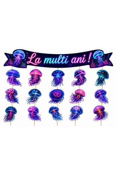 DecoParty Set de decorațiuni pentru tort – Tematică Meduze Neon, 16 piese, Ca...