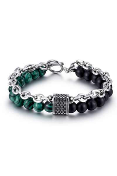 Alviro Brățară bărbătească cu mărgele verde-negre și lanț, design elegantun】【。