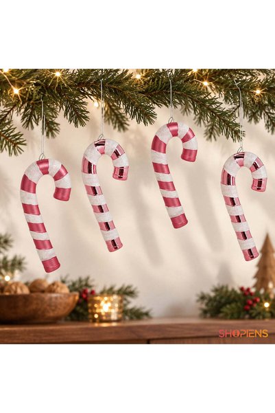 SHOPIENS Set 4 Ornamente Brad Craciun Bastonase Candy Roz-Alb 14 cm