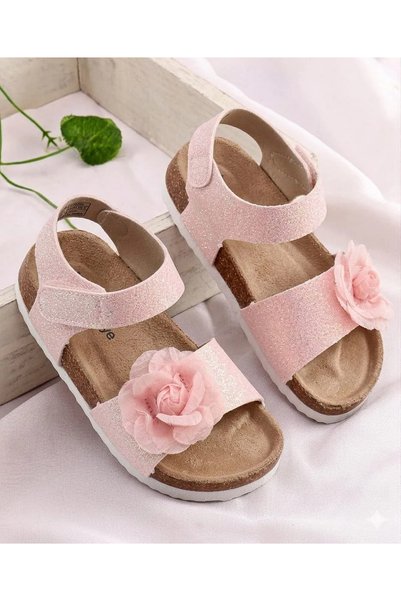 Babyoye Velcro Closure Sandal With Floral Applique & Glitter - Pink