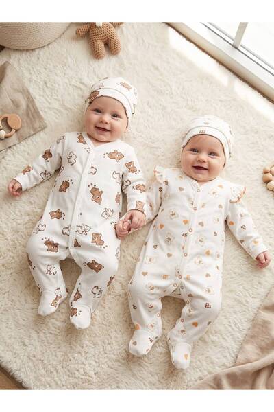 Bebila Baby Baby Girl-Boy Set of 2 Printed Jumpsuits with Hat Newborn 100% Co...