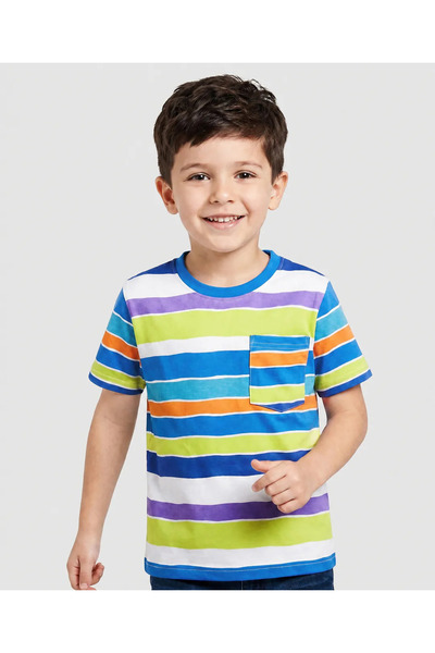 Pine kids تي شيرت قطني محبوك مخطط برقبة مستديرة وأكمام نصفية - متعدد الألوان ...