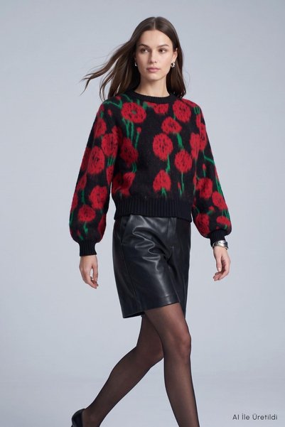 Şeker Portakalım Rose Patterned Sweater 2532 Black