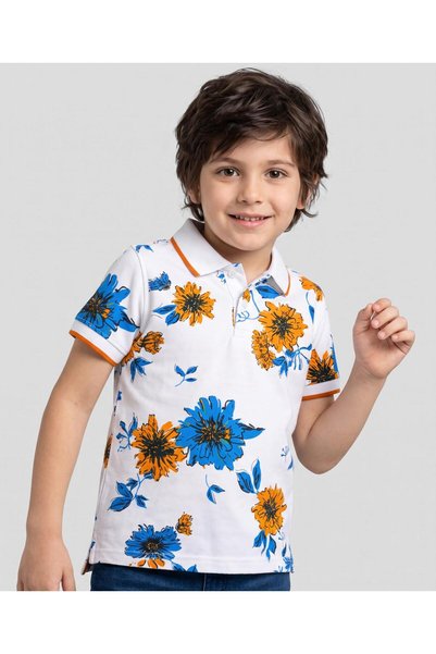 Pine kids قميص بولو قطني محبوك بأكمام نصفية مع طباعة زهور - أبيض/أزرق/أصفر مت...