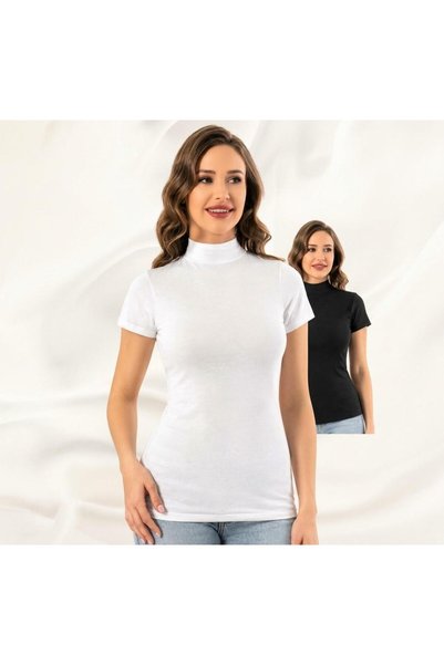 Kadın 2'li Paket Balıkçı Yaka Kısa Kollu Pamuklu Likralı T-Shirt Seti Siyah Beyaz Esnek Rahat Düz Basic Tişört