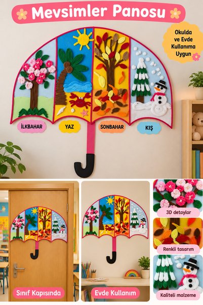 designelfida 4 Mevsim Eğitici Pano 70x60 cm Şemsiye Tasarımlı İlkbahar Yaz So...