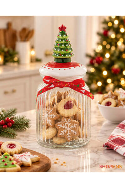 SHOPIENS Borcan Pentru Biscuiti Cu Capac Ceramic Brad