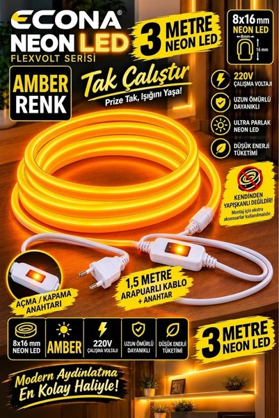 ECONA 3 Metre AMBER NEON Tak Çalıştır ANAHTARLI Neon LED Aydınlatma 8x16 mm -...