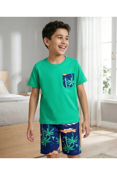 Pine kids طقم بيجامة قطنية محبوكة بأكمام قصيرة وطباعة أشجار - أخضر