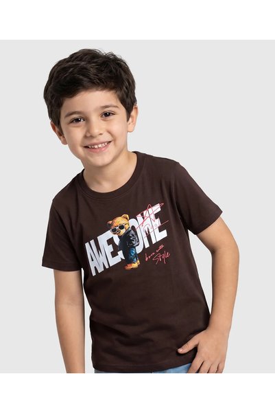 Pine kids تي شيرت قطني محبوك بأكمام نصفية مع طباعة دب - بني متوفر عبر الإنترن...