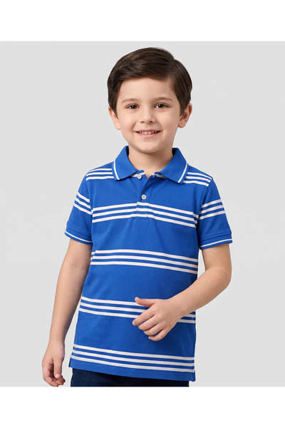 Pine kids تي شيرت بولو بخطوط أفقية وأكمام نصفية - أزرق ملكي وأبيض متوفر عبر ا...