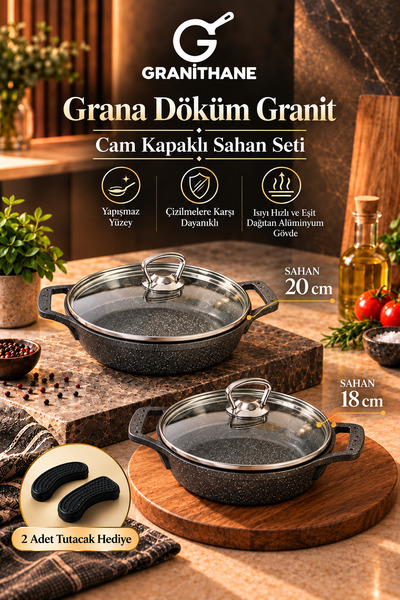 GRANİTHANE Grana Döküm Granit Cam Kapaklı 2'li Sahan Seti 18 cm ve 20 cm Siya...
