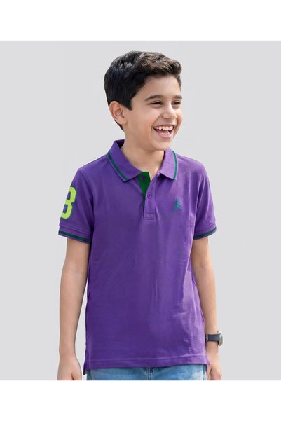 Pine kids قميص بولو قطني محبوك بأكمام نصفية مع تطريز - أرجواني
