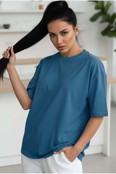 VACHT Women's Indigo Basic Plain Unprinted Oversize Salas T-Shirt