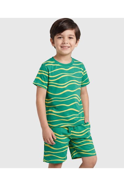 Pine kids طقم بيجامة قصير من القطن المحبوك بأكمام نصفية وطباعة متموجة - أخضر