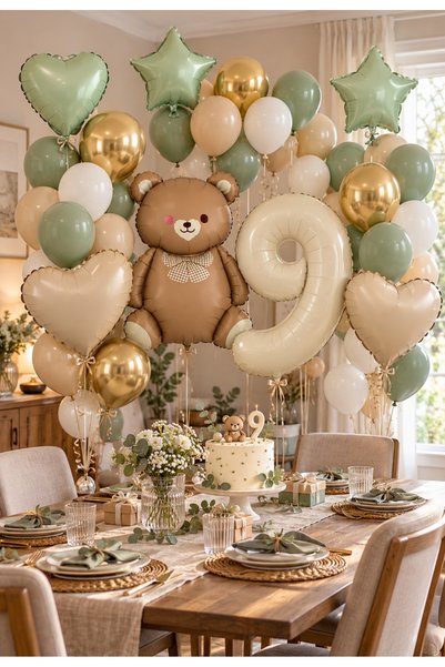 baloss fer 9Th Birthday Balloon Set 44 Pieces Caramel Bear Cream 9 Numbers Eucalyptus Sea Sand White Chrome Gold Retro Green Heart Star Beige Heart Foil Boy Girl Kids Party Ornament Decoration