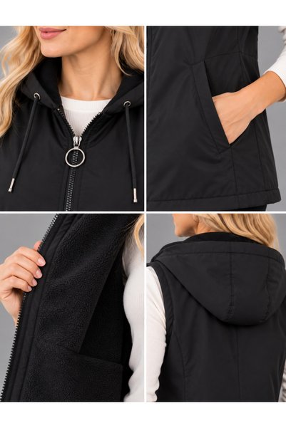 duygu altıntaş Women's Hooded Fleece Lined Zippered Waterproof Vest