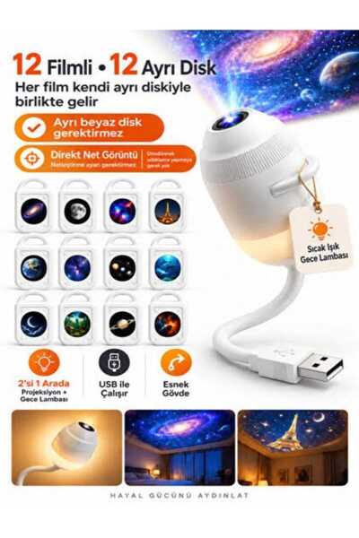 TEKNO Galaxsi 12 Diskli Galaksi Projektörü USB 5V Mini Gece Lambası, Yıldız v...