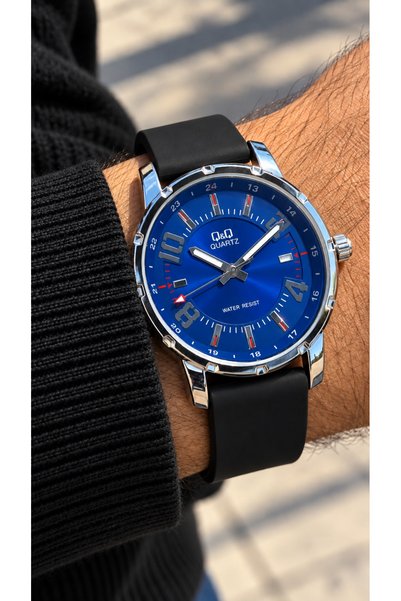 Q&Q In Stylish Box, Black Silicone Cord, Parliament Blue Dial, Men's Wristwat...