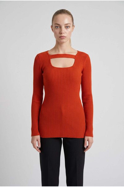 VACHT Women's Tile U-Neck Band Detailed Long Sleeve Ribbed Extra Soft Blouse ...