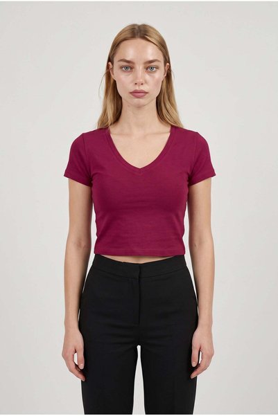 VACHT Women's burgundy v-neck lycra basic short sleeve crop top