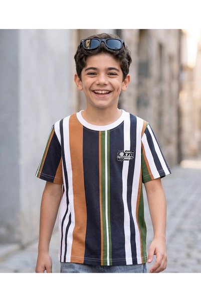 Pine kids قميص قطني 100% مخطط بأكمام نصفية - بني وأسود