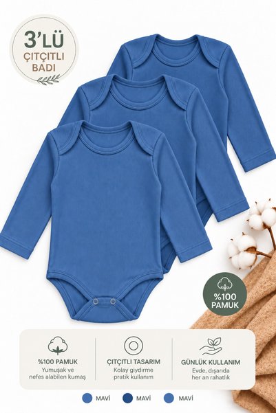 HK HOPKİDS Baby Boy Blue Colored Set of 3 Cotton Seasonal Long Sleeve Bodysui...