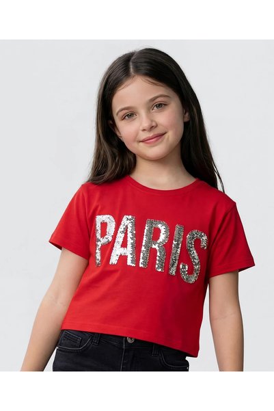 Pine kids تي شيرت قطني محبوك مع تفاصيل من الترتر - أحمر