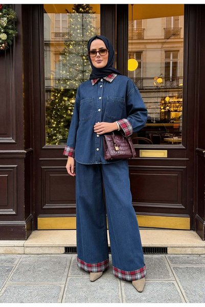 Aselim Hijap Moda Plaid Detailed Denim Double Suit Dark Blue