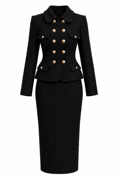 Julidress Gold Düğme Detaylı Ceket ve Midi Etek ikili Tüvit Takım