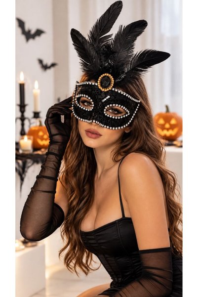 North Fashion Halloween Cadılar Bayramı Konsept Tüylü Siyah Parti & Balo Maskesi