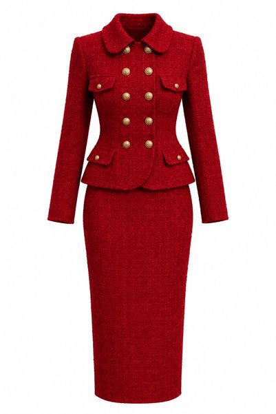 Julidress Gold Düğme Detaylı Ceket ve Midi Etek ikili Tüvit Takım